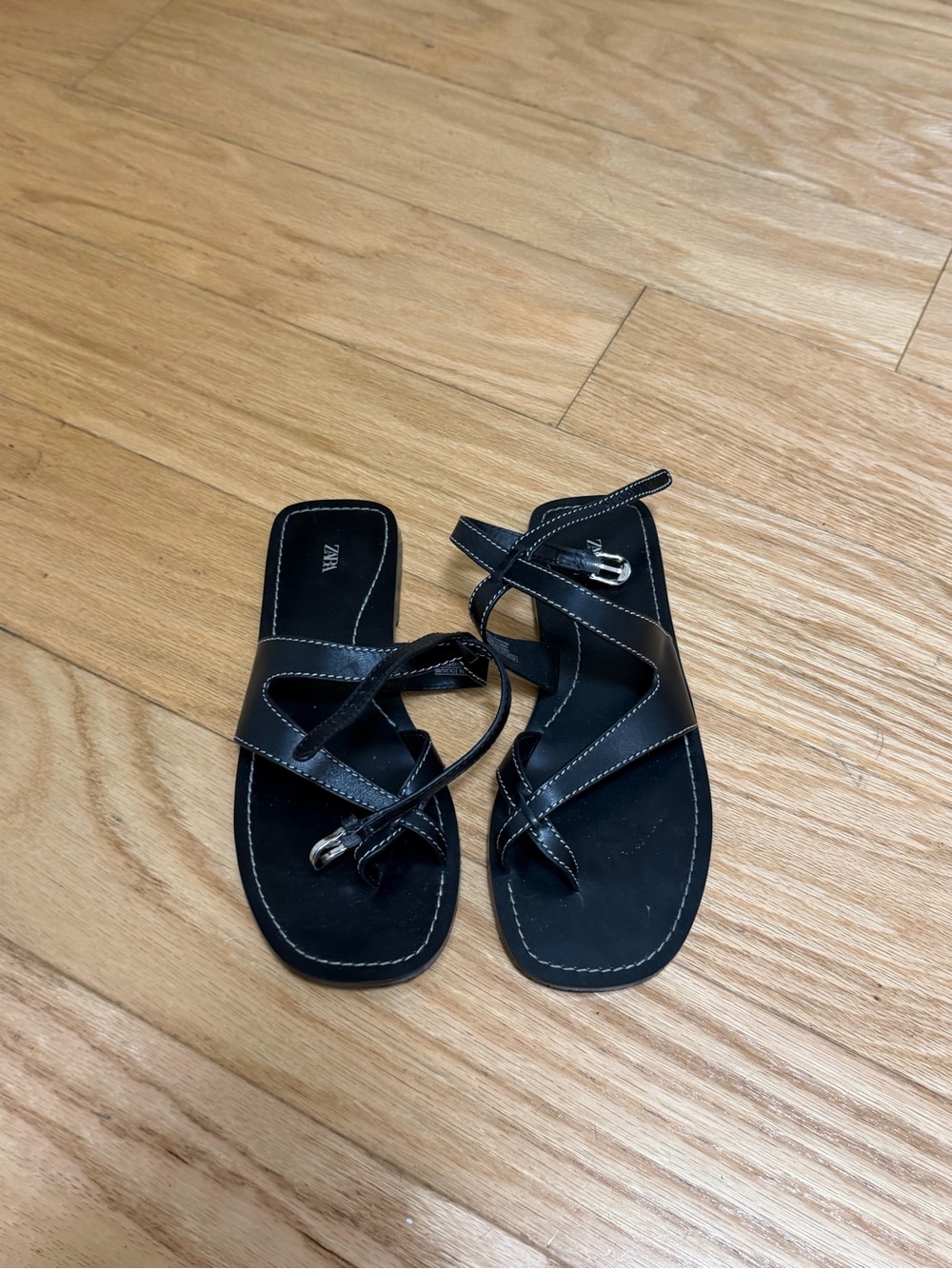 Zara Black Strappy Buckle Flat Sandals